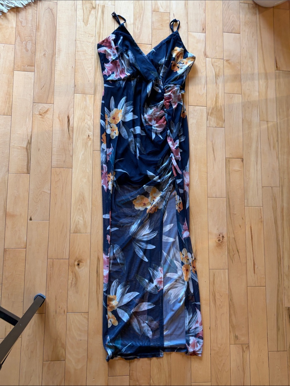 Navy Floral Wrap Maxi Dress with Spaghetti Straps
